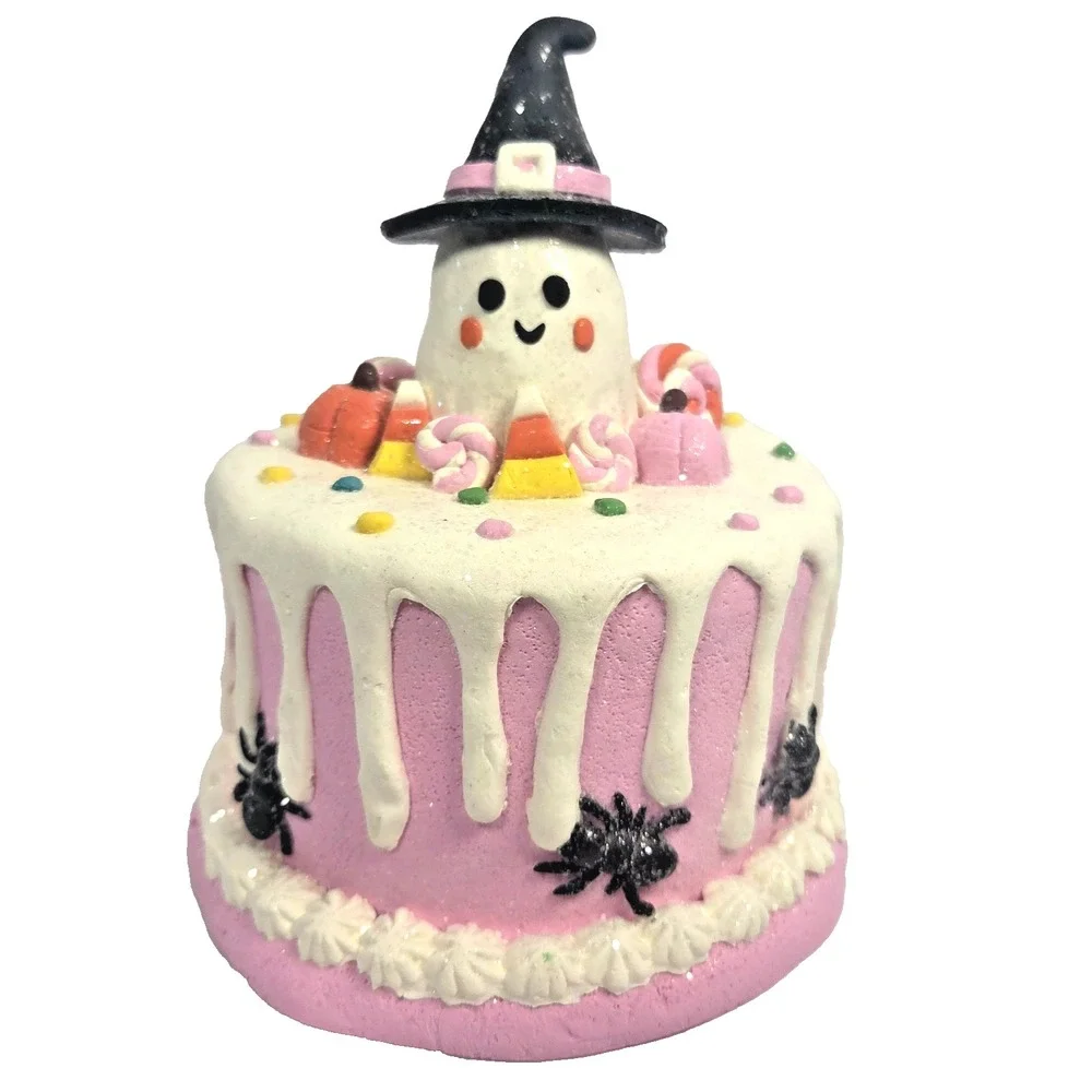 Pink Ghost Halloween Cake Figurine Witch Hat Candy Pumpkin Spider Shelf Decor